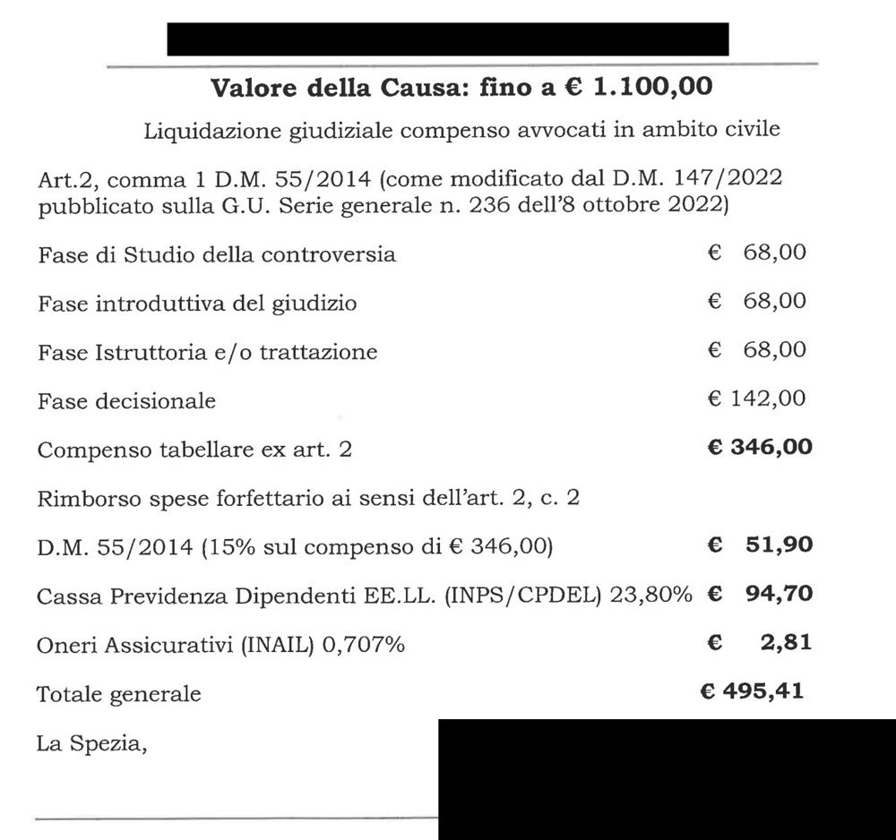 La nota spese depositata dal Comune della Spezia: compenso tabellare 346 euro, totale generale 495,41 euro.